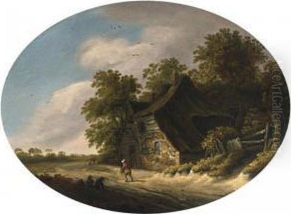 A Landscape With Travellers On A Path Passing A Farm Oil Painting by Roelof van Vries