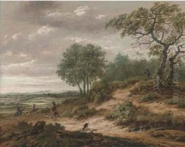 A Dune Landscape With Huntsmen Oil Painting by Roelof van Vries