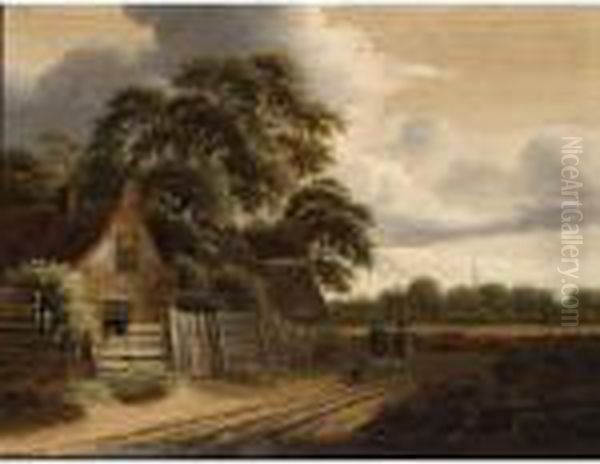 A Landscape With Figures And A Dog On A Path Near A Farm-stead Oil Painting by Roelof van Vries