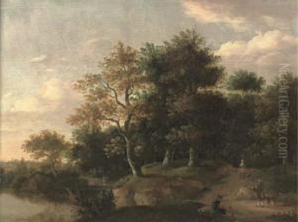 A Wooded River Landscape With Figures On A Track Oil Painting by Roelof van Vries