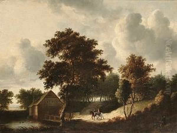 A Wooded River Landscape With Travellers On A Path Near A Watermill Oil Painting by Roelof van Vries