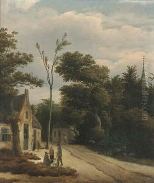 A Wooded Landscape With Villagers Conversing By A Track Oil Painting by Roelof van Vries