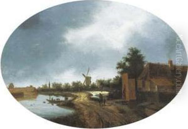 A River Landscape With Travellers On A Path, A Windmillbeyond Oil Painting by Roelof van Vries