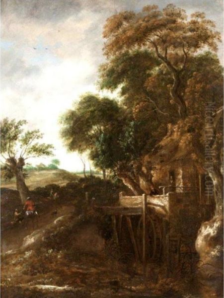 A Wooded River Landscape With A Mill And A Cavalier Giving Alms To A Beggar Oil Painting by Roelof van Vries