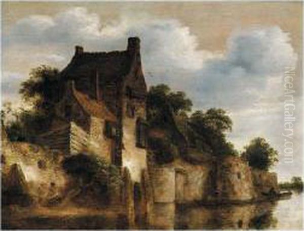 A River Landscape With Houses 
Above A Set Of Ramparts On The Edge Of The Water, Figures In A Boat 
Below Oil Painting by Roelof van Vries