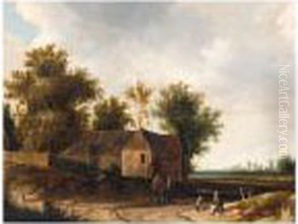 A Landscape With Figures Resting Before A Barn Oil Painting by Roelof van Vries