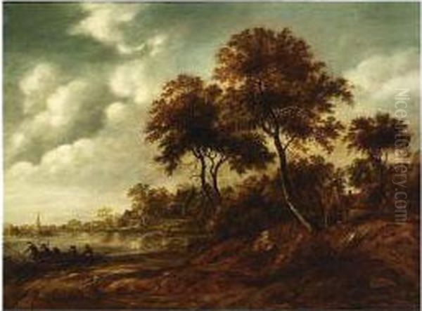 A River Landscape With Travellers In A Ferry Boat Oil Painting by Roelof van Vries