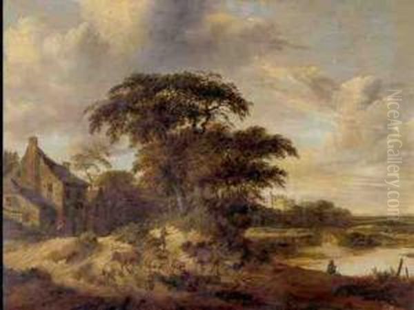 River Landscape With A Farmstead Oil Painting by Roelof van Vries