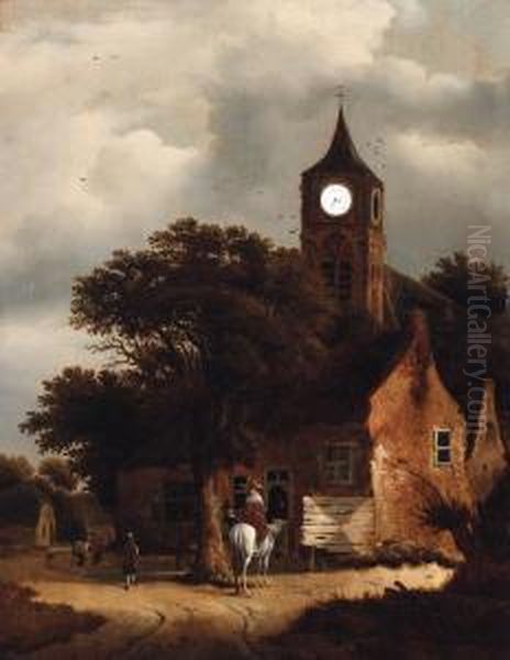 Travellers At An Inn On The Outskirts Of A Village, A Churchbeyond Oil Painting by Roelof van Vries