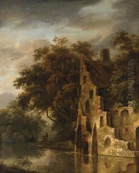 A Wooded River Landscape With A Ruin, Anglers On A Bankbeyond Oil Painting by Roelof van Vries