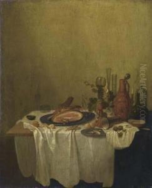 Still Life With Ham, Glass And Vessels On A Table. Oil Painting by Gerrit Van Vucht