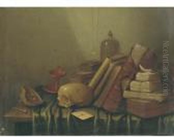 Vanite Aux Livres, Chandelier Et Crane Oil Painting by Gerrit Van Vucht