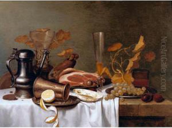 Still Life With A Haunch Of Ham,
 A Lemon And Grapes On Pewter Plates, Together With A Roemer, A Pewter 
Jug, Plums And Glasses Oil Painting by Gerrit Van Vucht