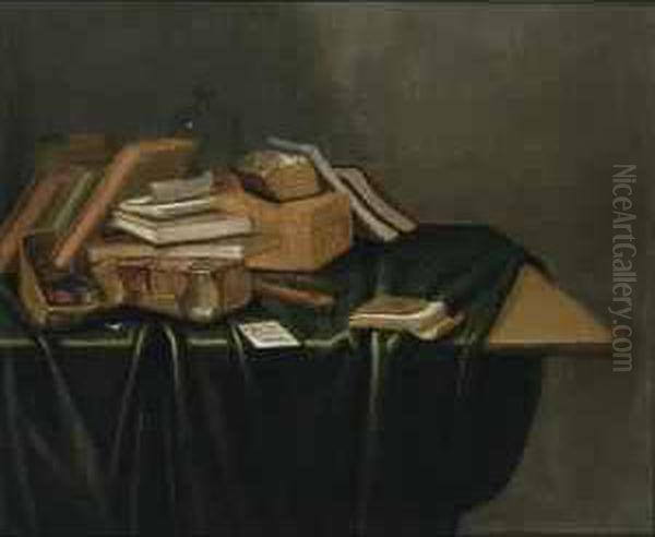 A Still Life With Books, A 
Wooden Box , A Stove, A Pipe And A Flute, All On A Wooden Table Draped 
With A Green Cloth Oil Painting by Gerrit Van Vucht