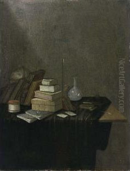 A Still Life With Books, A Globe
 And Glass Flasks Together With A Pipe, All On A Draped Table Oil Painting by Gerrit Van Vucht