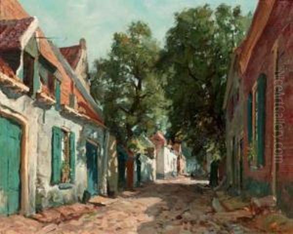 A Sunlit Village Street Oil Painting by Jan Hillebrand Wijsmuller