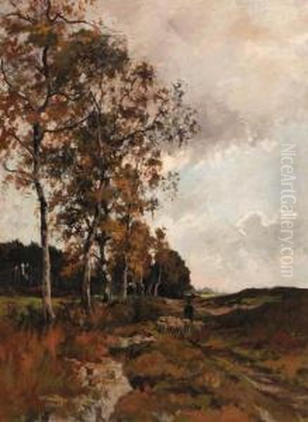 A Shepherd And His Flock Returning Home Along A Birchroad Oil Painting by Jan Hillebrand Wijsmuller