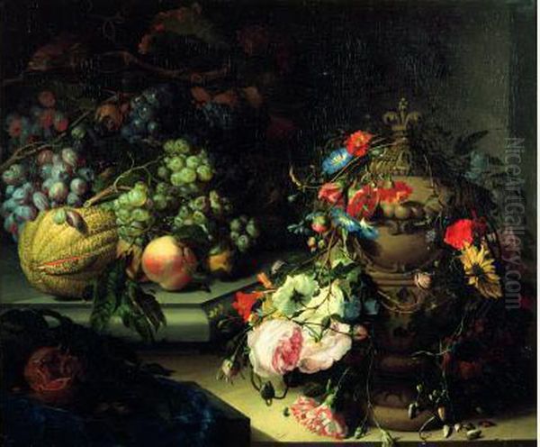 Nature Morte De Fruits Sur Un Entablement Avec Une Urne Ornee De Fleurs Oil Painting by Jacob van Walscapelle