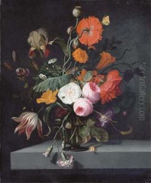 Roses, Camomile, Poppies, A Tulip, Carnations Oil Painting by Jacob van Walscapelle