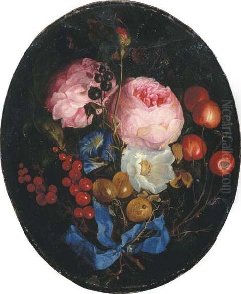 A Swag Of Pink Roses, 
Gooseberries, Cherries And Other Berries Witha Bow Hanging From A Nail Oil Painting by Jacob van Walscapelle