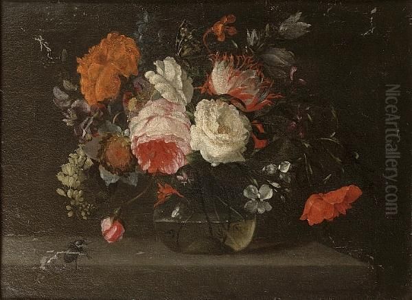 A Rose, A Poppy, Delphiniums And
 Other Flowers In A Glass Vase On A Stone Ledge With A Butterfly And A 
Beetle Oil Painting by Jacob van Walscapelle