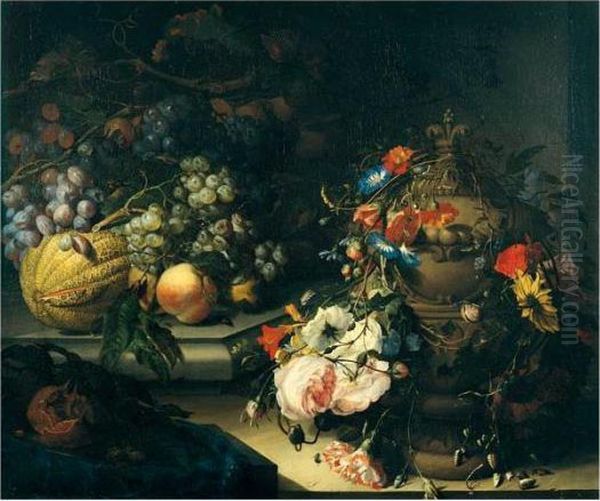 A Still Life Of Fruit On A Ledge And Flowers Decorating An Urn Oil Painting by Jacob van Walscapelle