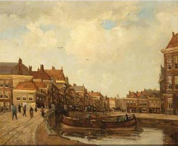 Moored Boats In A Dutch Town Oil Painting by Kees Van Waning