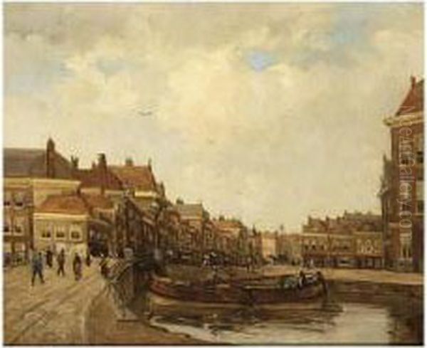 A View Of A Dutch Town With Boats Oil Painting by Kees Van Waning