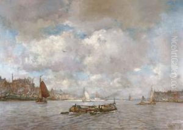 Shipping On The Maas, Rotterdam Oil Painting by Kees Van Waning