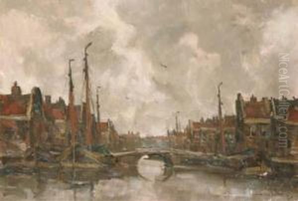 View Of A Dutch Harbour Oil Painting by Kees Van Waning