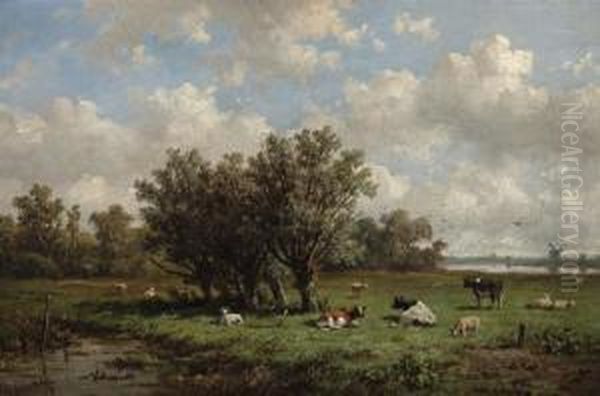 Cattle In A Summer Landscape Oil Painting by Anthonie Jacobus Van Wyngaerts