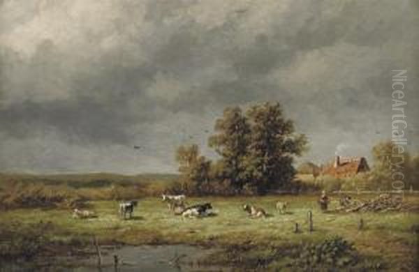 Cows In A Sunlit Meadow Oil Painting by Anthonie Jacobus Van Wyngaerts