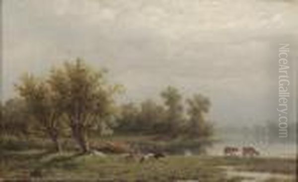 Cattle By A River Oil Painting by Anthonie Jacobus Van Wyngaerts