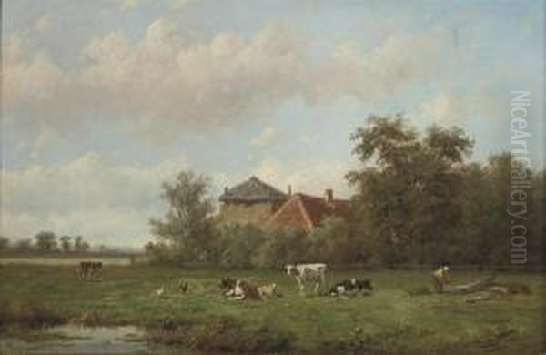 Cattle Grazing With A Farmstead Beyond Oil Painting by Anthonie Jacobus Van Wyngaerts