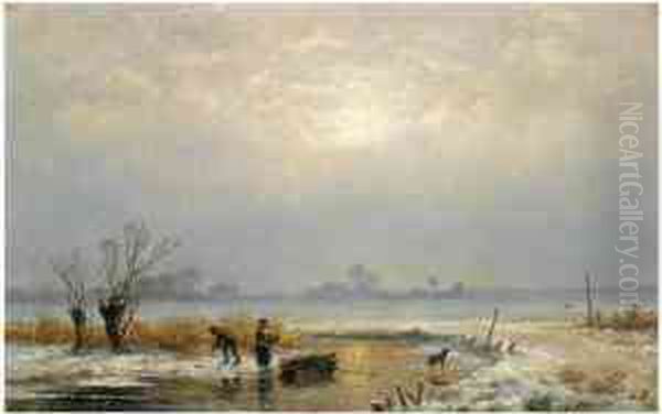 Wood Gatherers On The Ice Oil Painting by Anthonie Jacobus Van Wyngaerts