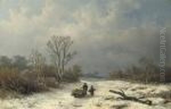 Faggot-gatherers On Snowy Path Oil Painting by Anthonie Jacobus Van Wyngaerts