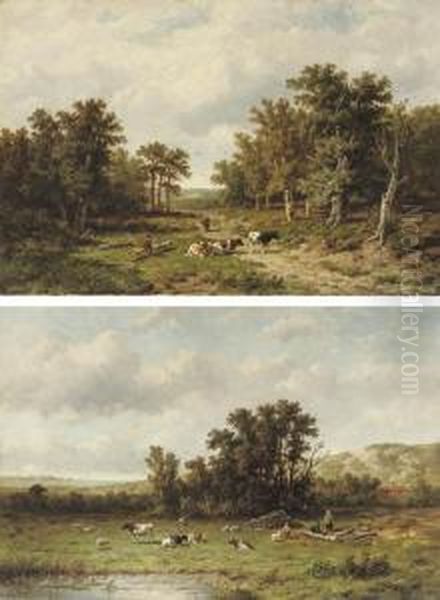 Taking A Rest Along The Sandy Path; And Cattle Resting Near Apond Oil Painting by Anthonie Jacobus Van Wyngaerts