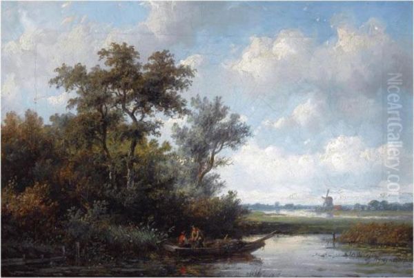 Fishermen In A Polder Landscape Oil Painting by Anthonie Jacobus Van Wyngaerts