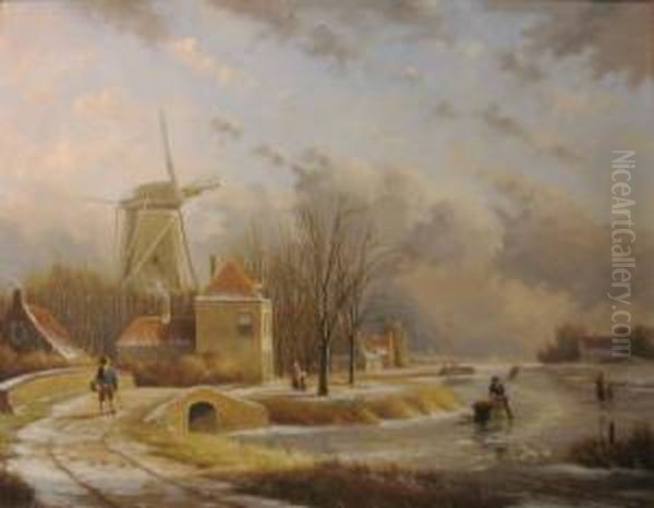 Winter Landscape With Figures Oil Painting by Anthonie Jacobus Van Wyngaerts