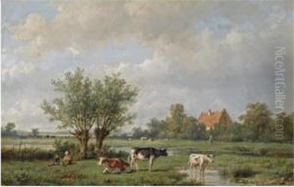 Cattle In A Summer Landscape Oil Painting by Anthonie Jacobus Van Wyngaerts