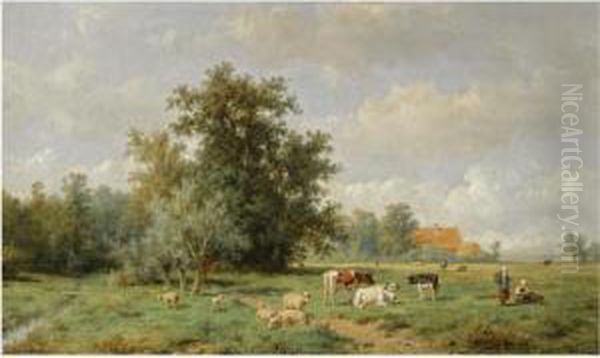 Cattle In A Summer Landscape Oil Painting by Anthonie Jacobus Van Wyngaerts