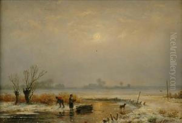 Wyngaerdt Winter Landscape With Figures Gathering Wood Oil Painting by Anthonie Jacobus Van Wyngaerts