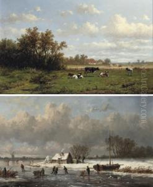 The Pasture In Summer; And Skaters On The Ice In Winter Oil Painting by Anthonie Jacobus Van Wyngaerts