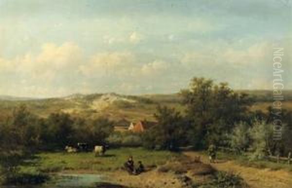 An Extensive Summer Landscape Oil Painting by Anthonie Jacobus Van Wyngaerts