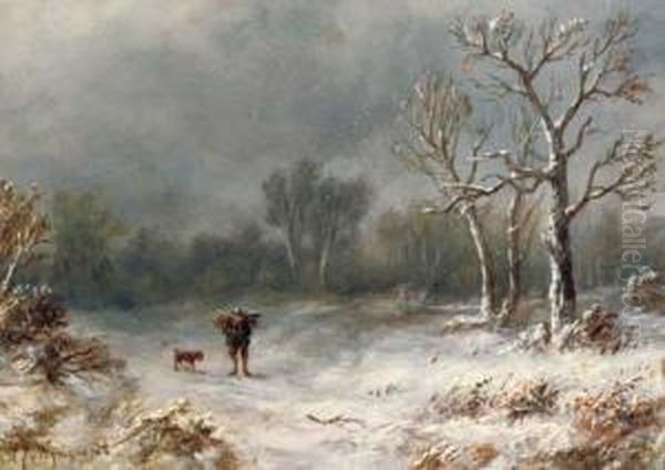 A Villager And His Dog In A Winter Landscape Oil Painting by Anthonie Jacobus Van Wyngaerts