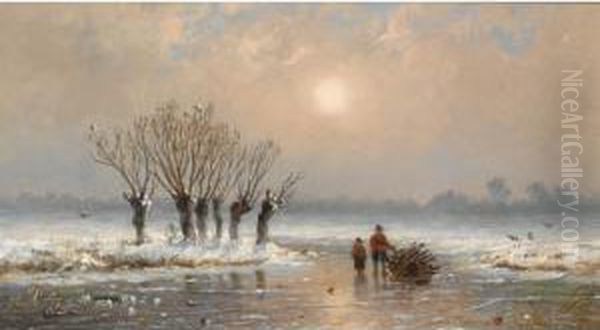 Wood Gatherers On The Ice Oil Painting by Anthonie Jacobus Van Wyngaerts