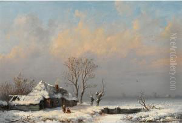 A Winter Landscape With Figures Near A Farm Oil Painting by Anthonie Jacobus Van Wyngaerts