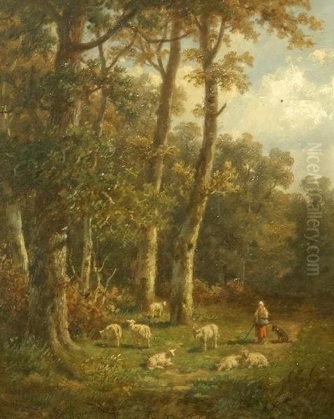 ''hirtinmit Hund Und Schafen Auf Einer Waldlichtung'' Oil Painting by Anthonie Jacobus Van Wyngaerts