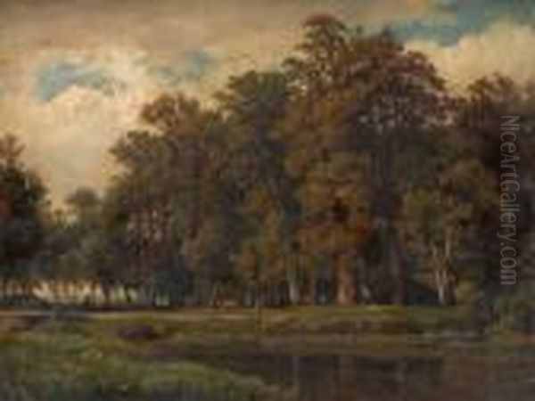 Wooded River Scene,figure And Cow In The Middle Ground Oil Painting by Anthonie Jacobus Van Wyngaerts