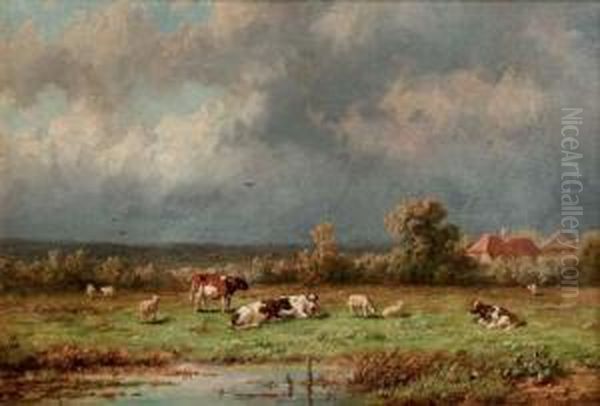 Pasturing Cattle Oil Painting by Anthonie Jacobus Van Wyngaerts